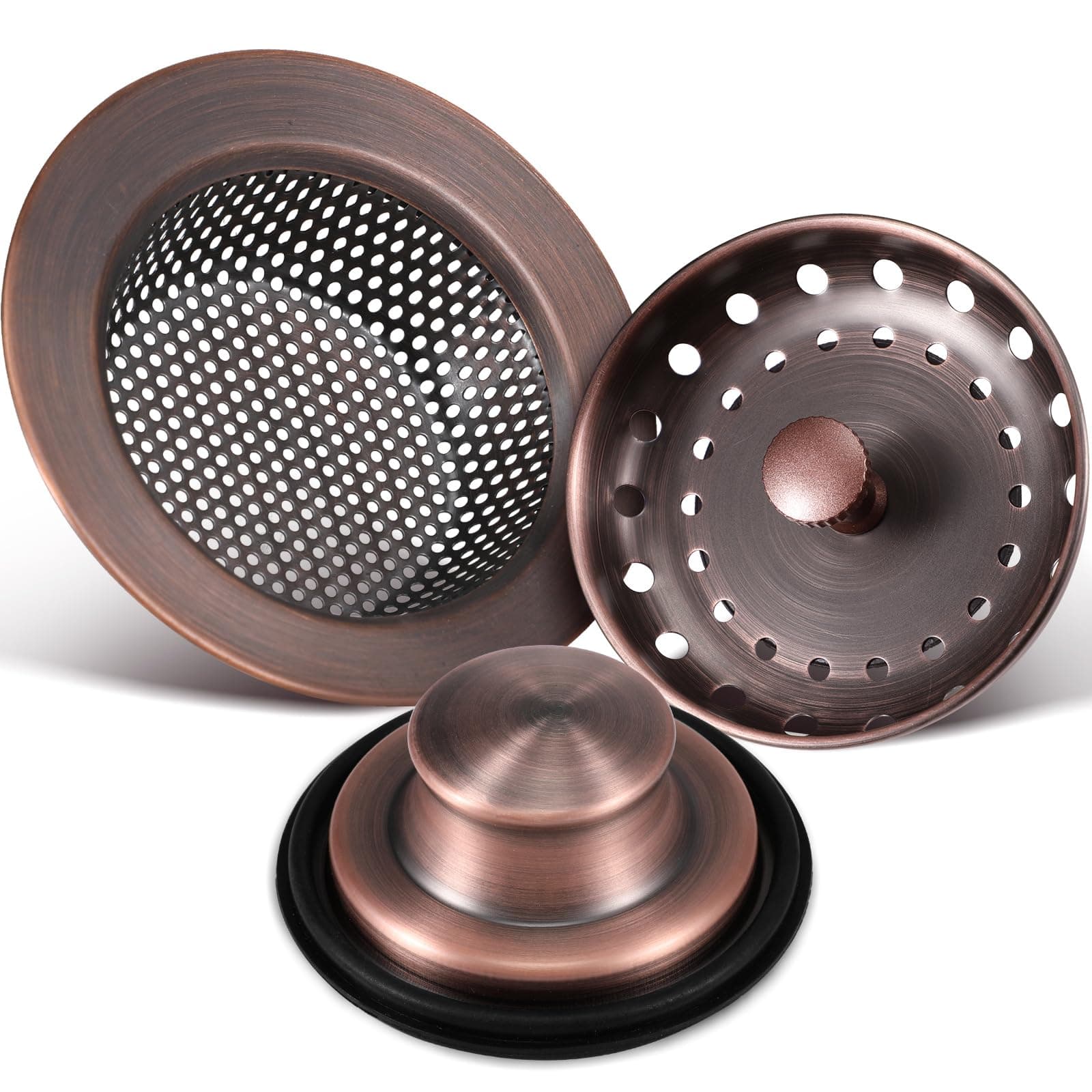 Mudder 3 Pcs Kitchen Sink Drain Strainer and Stopper Stainless Steel Garbage Disposal Plug with Handle Universal Anti-Clogging Kitchen Sink Filter Sieve Basket Strainer(Antique Copper)