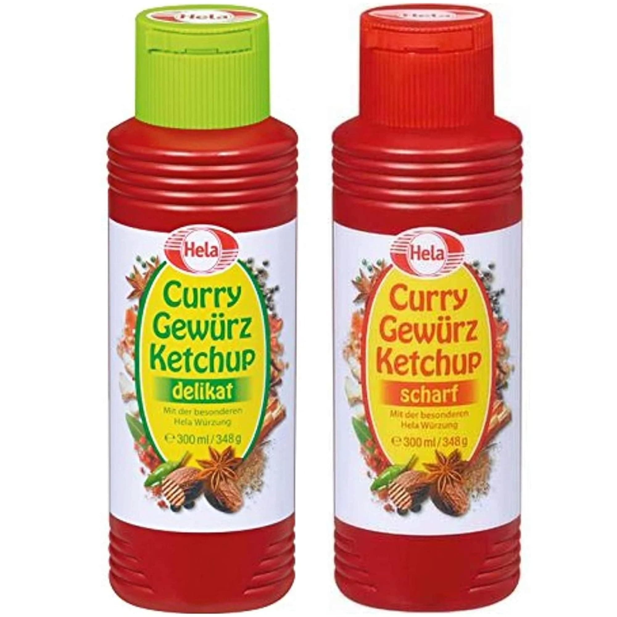 Hela 2 Flavor Curry Gewurz Ketchup (1) Mild and (1) Hot - 2 Pack Bundle - 300 ml each