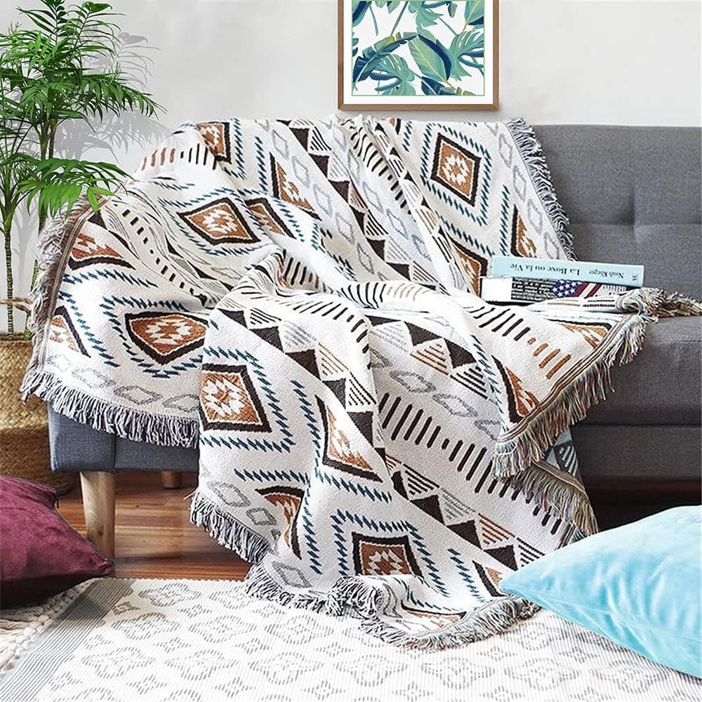 Lqprom Boho Throw Blankets Knit Bed Blankets with Tassel Aztec Western Throws Cover Christmas Decor for All Season Sofa Couch Chair Outdoor Camping Picnic Tent Beach Car Traveling 51"x63"