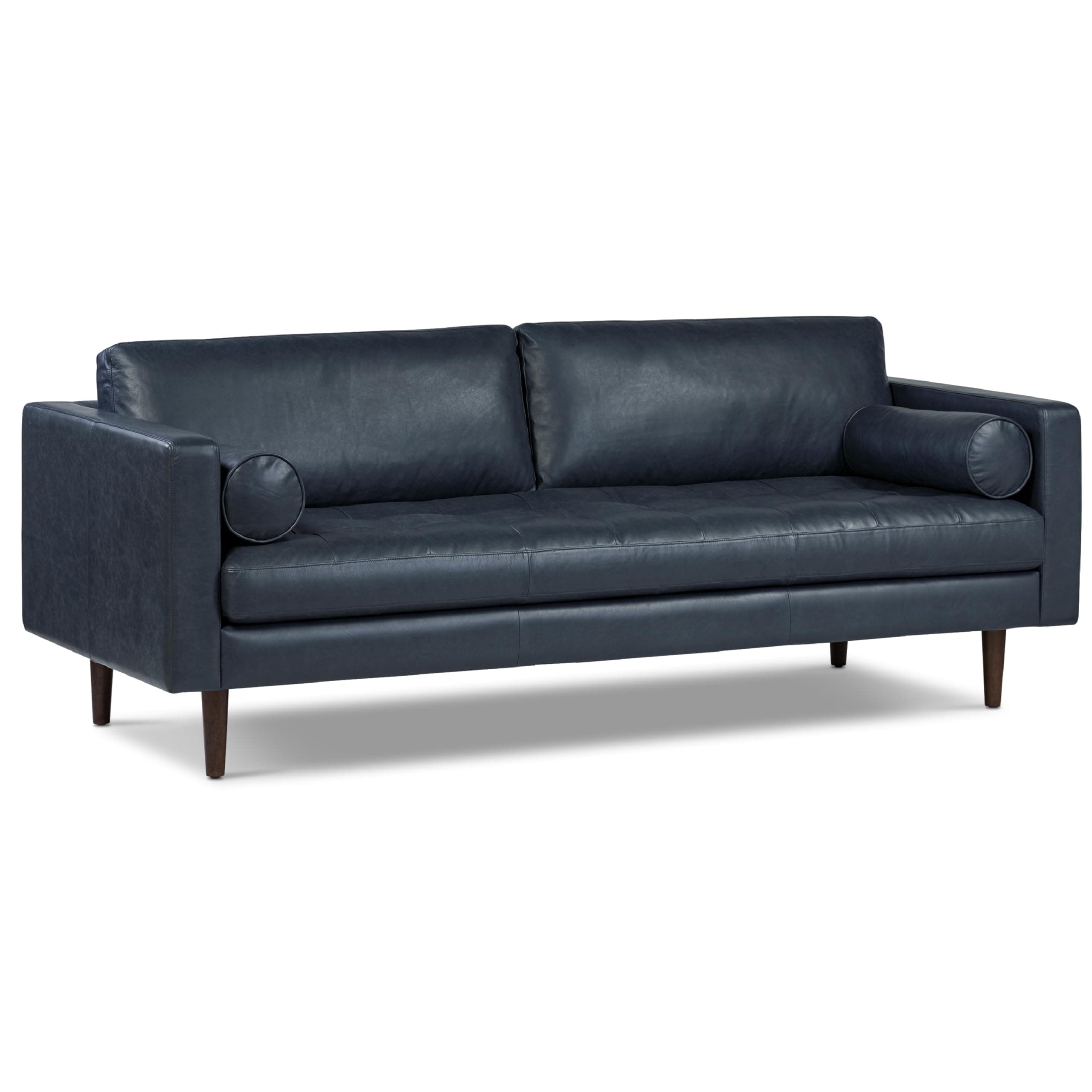 - Poly & BARK Napa 88.5" Leather Sofa – Full-Grain Italian-Tanned Aniline Leather, Feather-Down Comfort, Solid Wood Frame, Walnut Legs, Midnight Blue