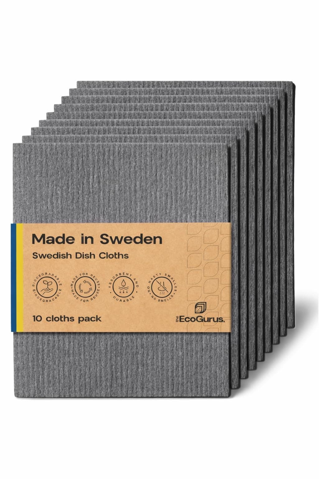 10 Pack Odour-Resistant Reusable Cleaning Cloths | Original Swedish Dishcloth | Made in Sweden | Suitable for All Surfaces | Biodegradable Cellulose Sponge | Kitchen & Bathroom | Gray