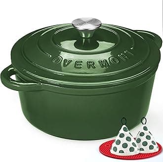 Overmont Enameled Cast Iron Dutch Oven - 5.5QT Pot with Lid Cookbook & Cotton Potholders - Heavy-Duty Cookware for Braising, Stews, Roasting, Sourdough Baking Glossy Green