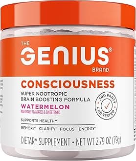 Genius Consciousness - Premium Nootropic Powder for Focus, Memory & Mental Clarity - AlphaSize, NeuroFactor, Lion’s Mane & Dynamine - Natural Brain Booster for Studying, Work & Creativity – Watermelon