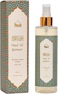 Oud Al Qamar Attar Al Faraash by Dukhni | 250ml Non Alcoholic Spray | Arabic Natural Mist | Air Freshener, Room Mist, Fabric & Linen Spray | Perfect for Prayer mats, beds, sofas, curtains | Halal