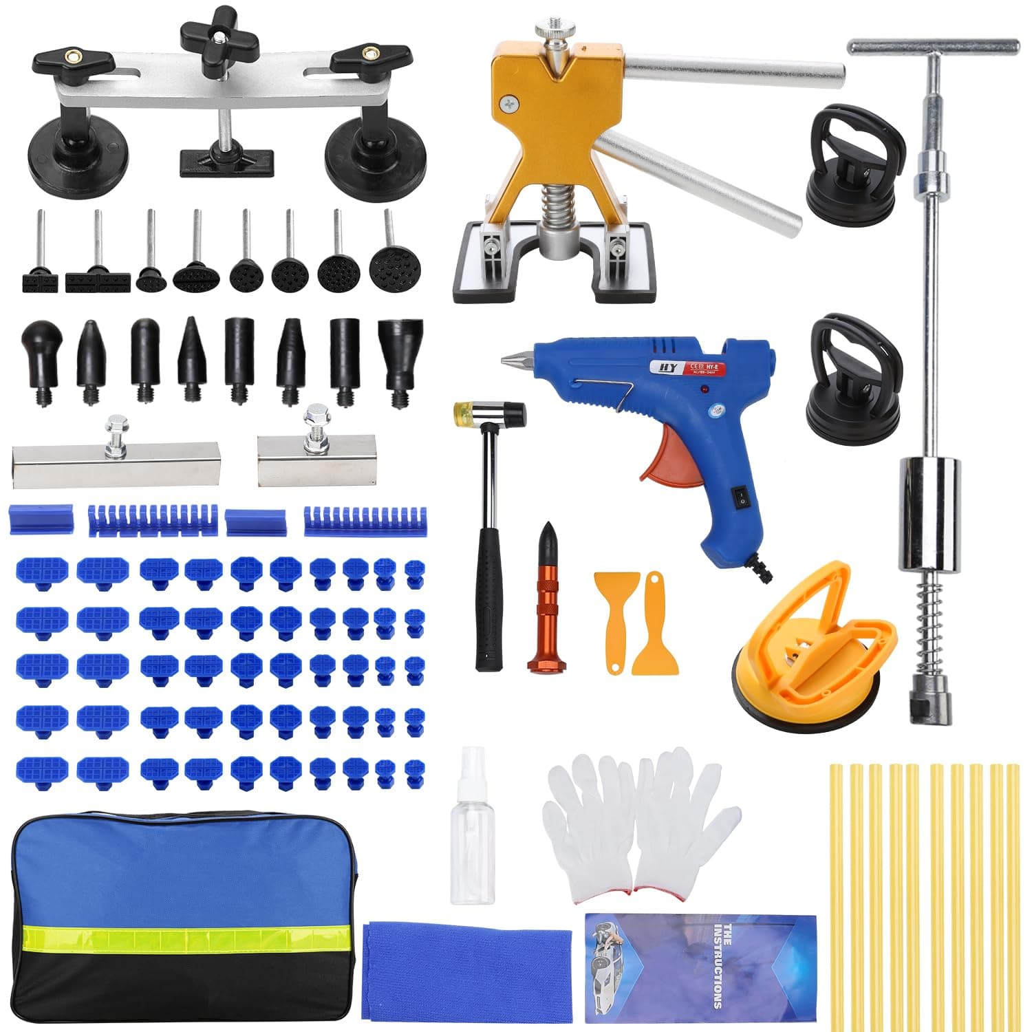 97PCS Dent Puller Kit, Paintless Auto Body Dent Repair Kit with Golden Lifter, Slide Hammer T-bar Dent Puller, Bridge Puller, Suction Cup and Glue Gun for Car Dent Remove Auto Body Dent Removal Kit