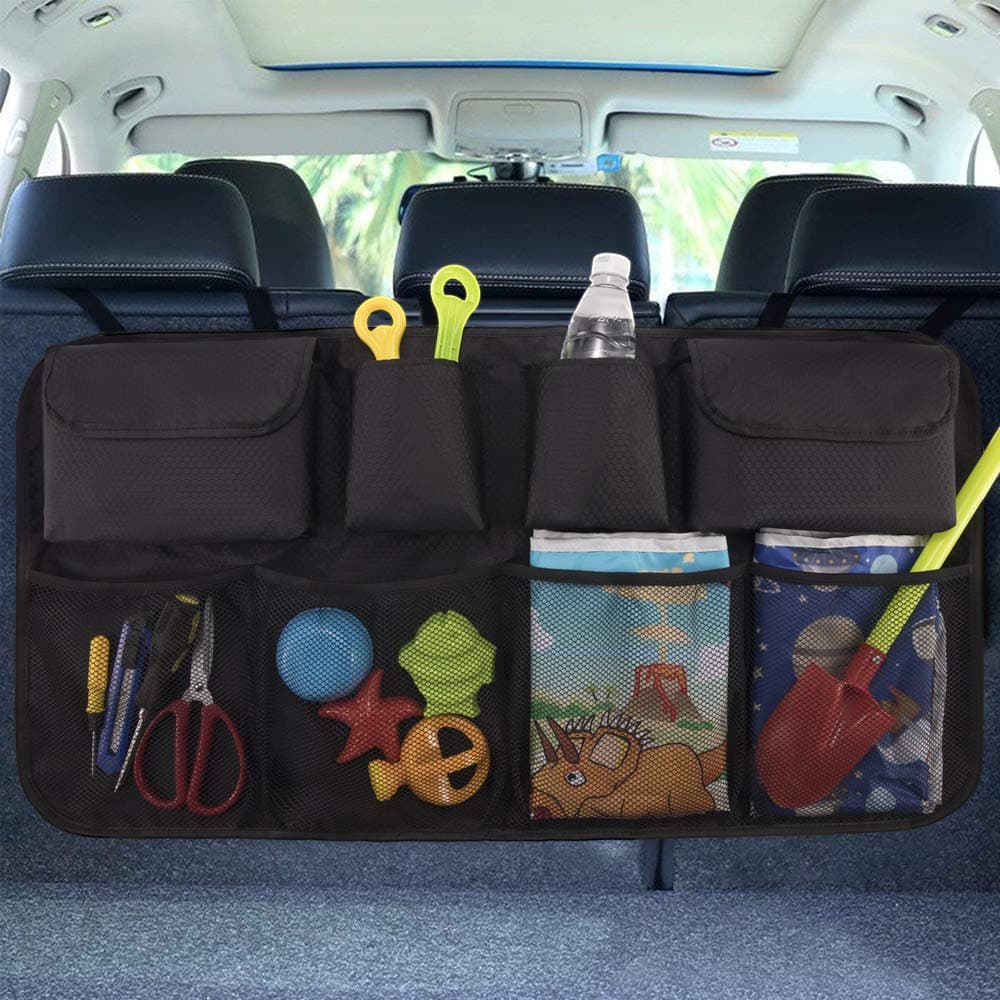 QUEES Trunk Back Seat Organizer Car Storage Auto Organizer for SUV Van Container 8 Large Pockets Car Organization Collapsible Compartment Mesh Black