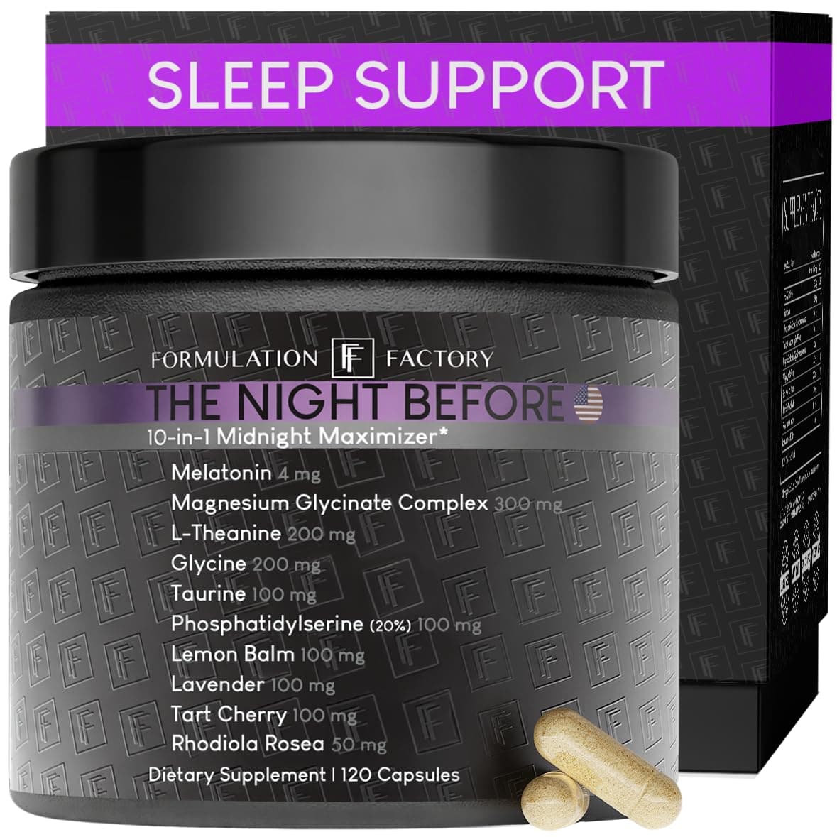 Formulation Factory The Night Before 10-in-1 Sleep Support | Melatonin 4mg, Magnesium Glycinate 300mg, L-Theanine, Glycine & More | Supports Relaxation, Calm & Recovery (120 Capsules 2 Month Supply)