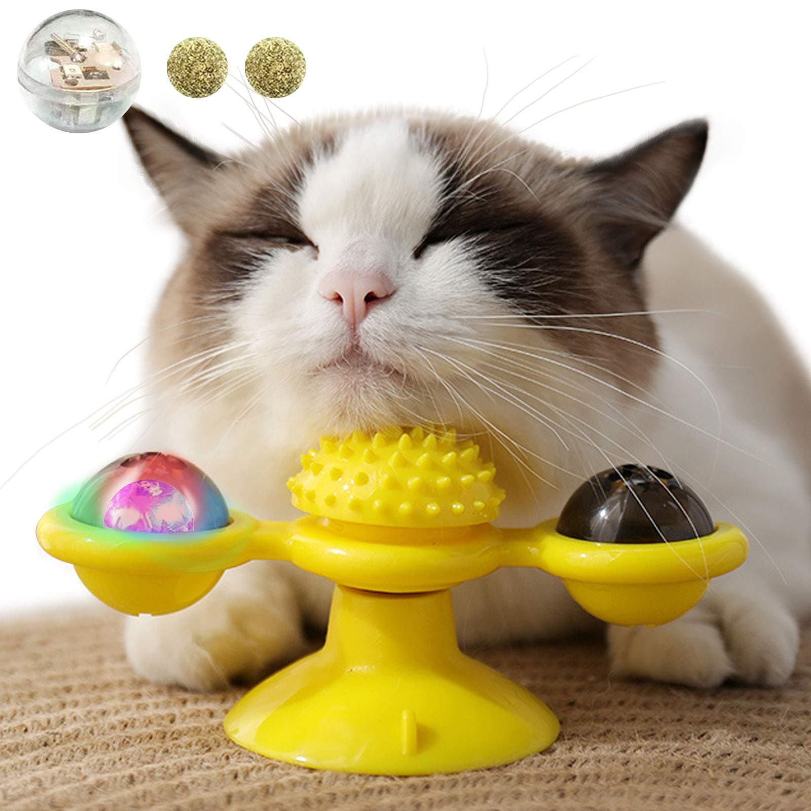 OneBarleycorn - Interactive Cat Toy with Suction Cup,Windmill Turntable Teasing Stick Cat Toy Scratching Tickle Hair Brush Pet Accessories Crazy Game