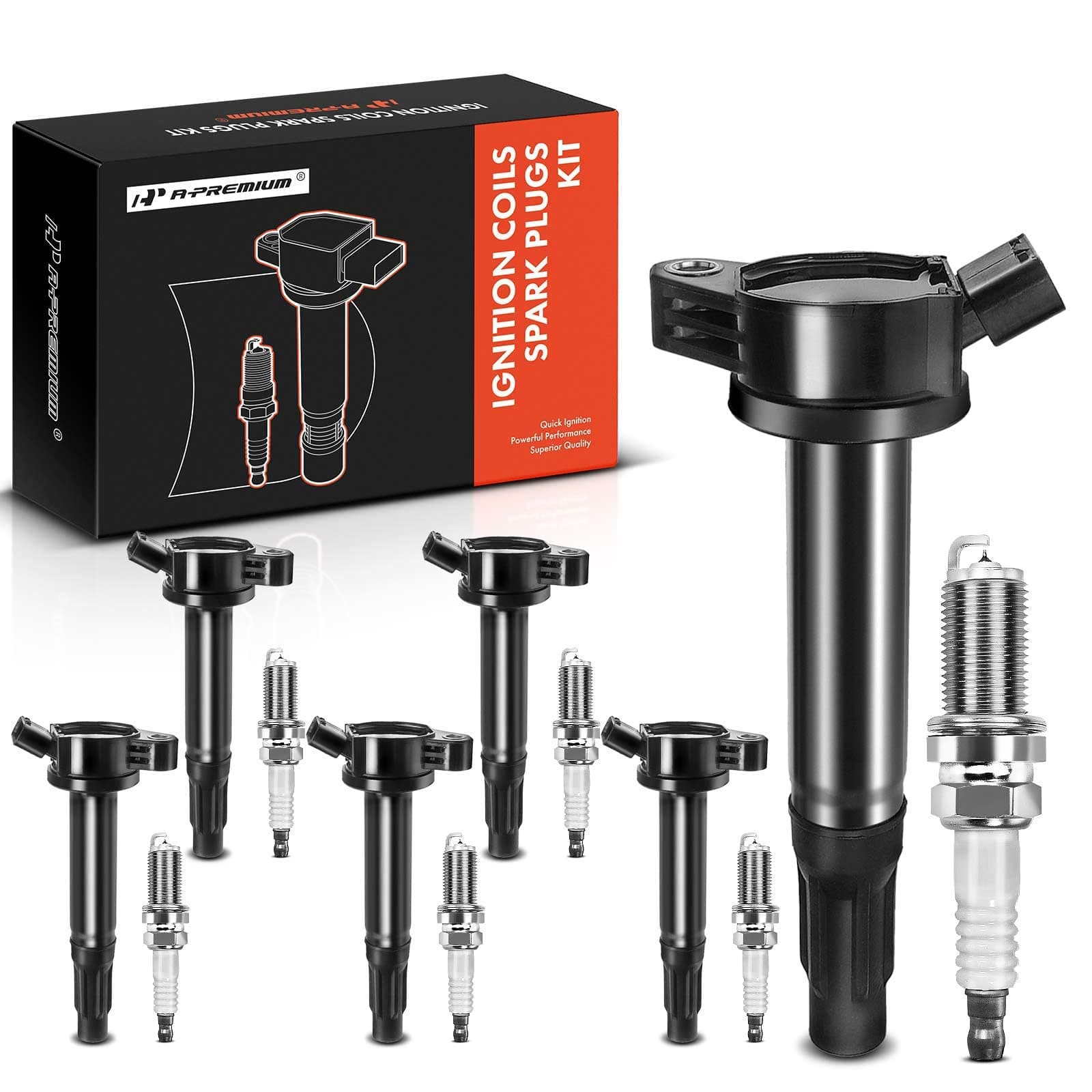 A-Premium Ignition Coil Pack and Iridium Spark Plugs Compatible with Toyota Camry 2010-2017, Tundra 2013-2014, Highlander 2009-2016, V6 4.0L, Set of 6