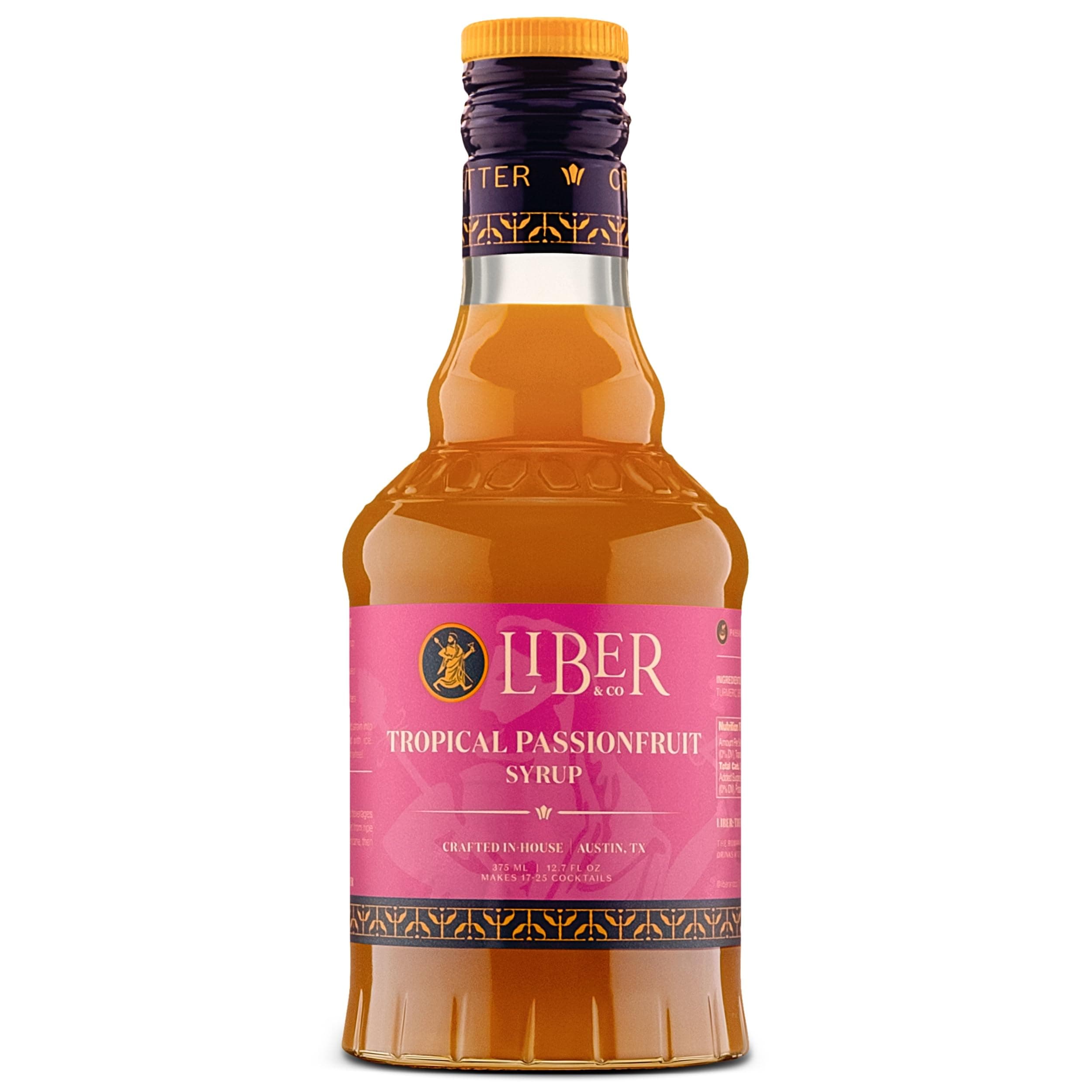 Liber & Co. Tropical Passion Fruit Syrup - Makes 25 Drinks - 50% Passionfruit Juice - Perfect for Craft Cocktails, Hurricanes, Margaritas, Tiki Drinks & Sodas (12.7 oz)