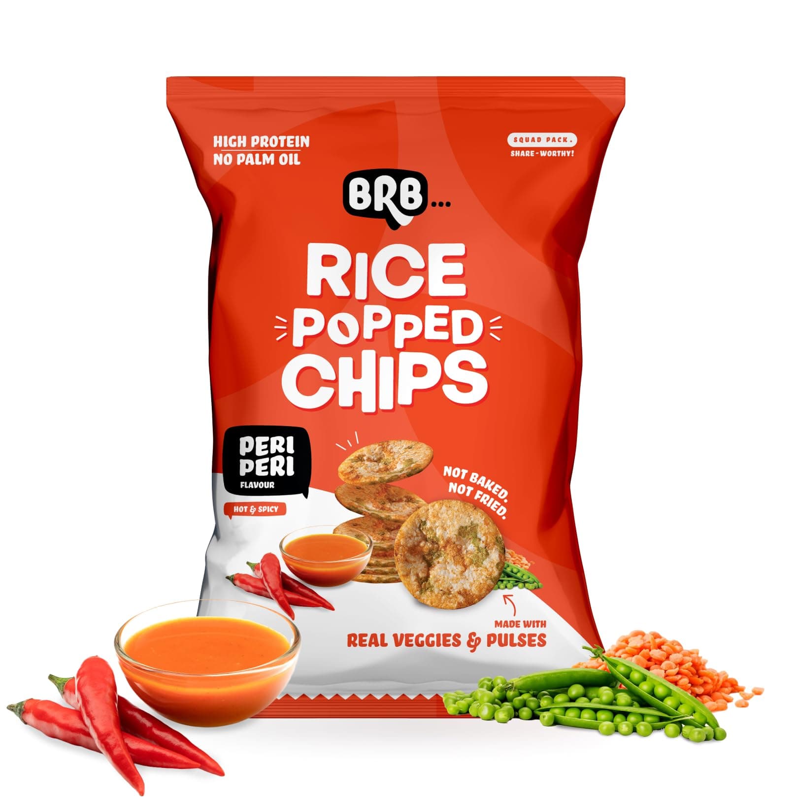BRB Rice Popped Chips | Peri Peri Flavour | Not Fried. Not Baked | High Protein | 50% Less Oil, No Palm Oil, Healthy Snack | 48g/54g Pack (weight may vary)