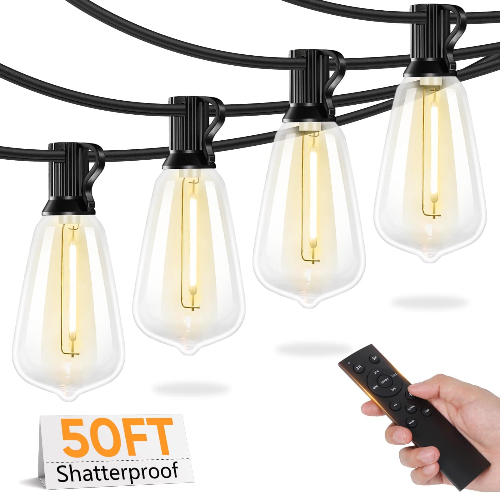 Brightever 50FT Outdoor String Lights with Remote, LED String Lights for Outside with 16 Shatterproof ST38 Vintage Edison Bulbs, 3 Modes 2 Timer Dimmable Outside Lighting for Patio, Gazebo, Deck, Yard