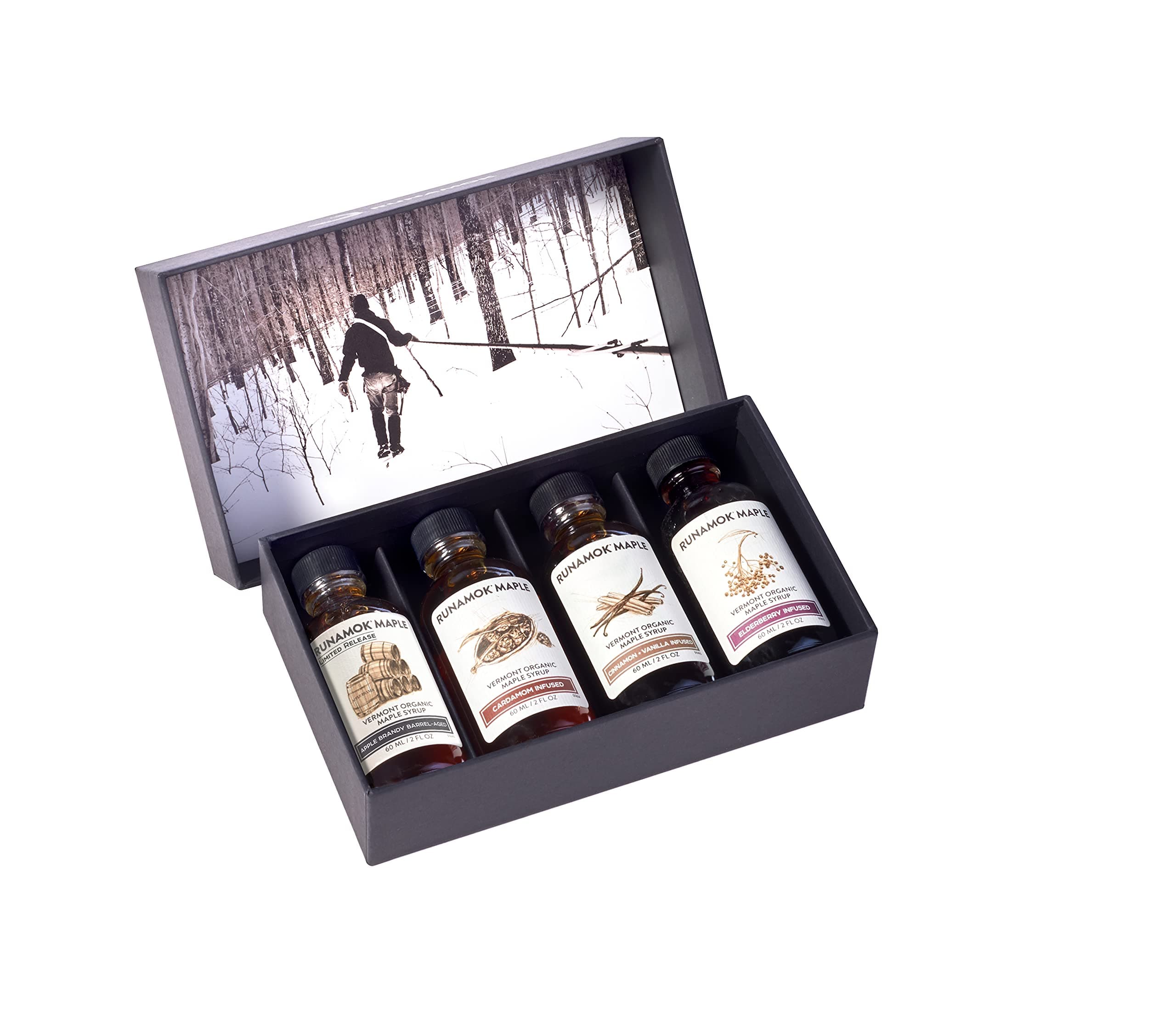 Runamok Maple Syrup Gift Box | Vermonter’s Gift Box | Special Present For Holidays | Whiskey Barrel-Aged, Cinnamon+Vanilla, Cardamom & Elderberry | 4 Samplers of Real Maple Syrup | 2 Fl Oz (60mL)