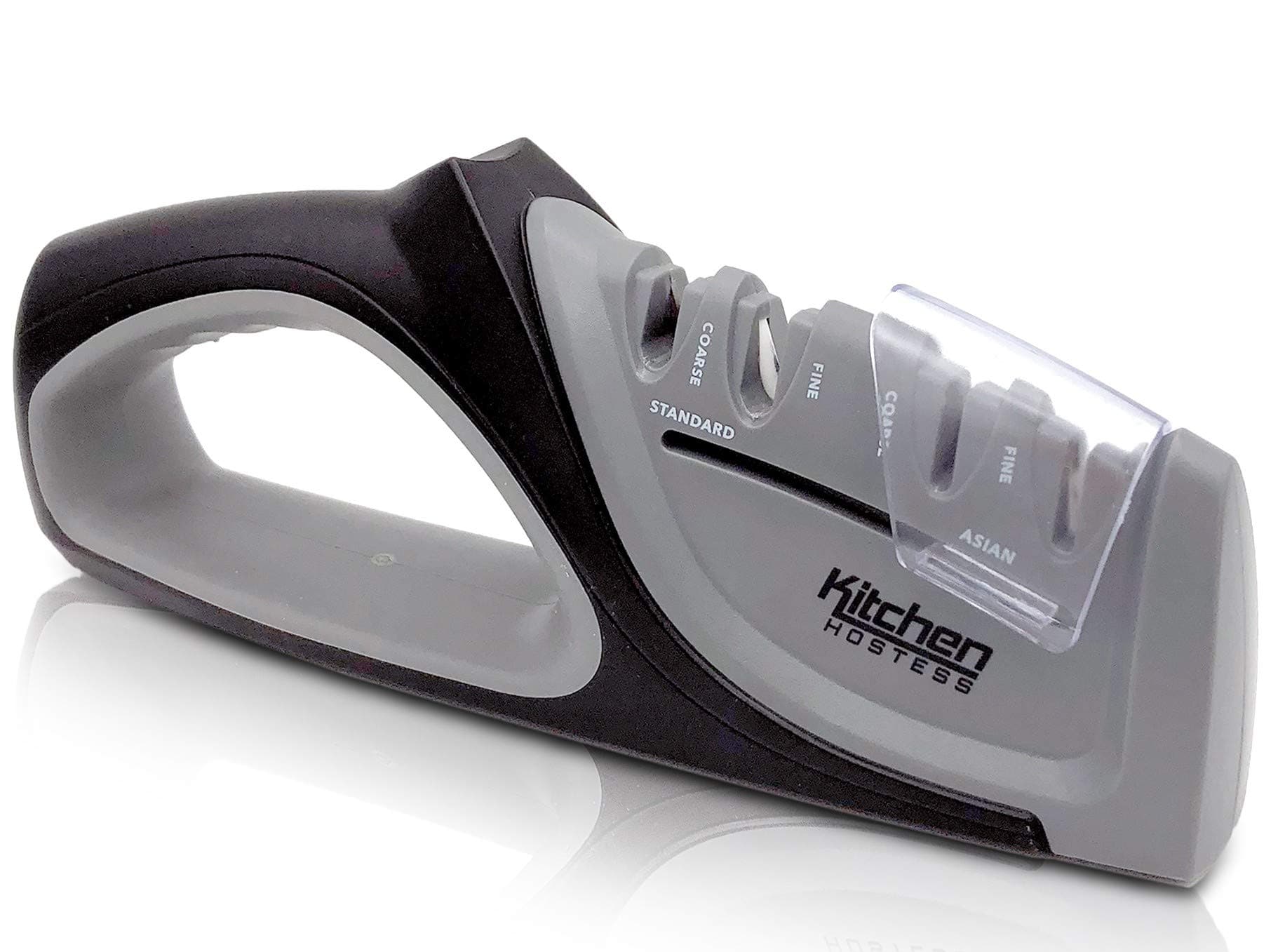 2-n-1 Knife Sharpener by Kitchen Hostess - Great for Japanese and Euro-American Knives - Senzu, Chef, Paring, Tactical, Pocket - Quickly Sharpens, Hones & Polishes - Safety Glove Included