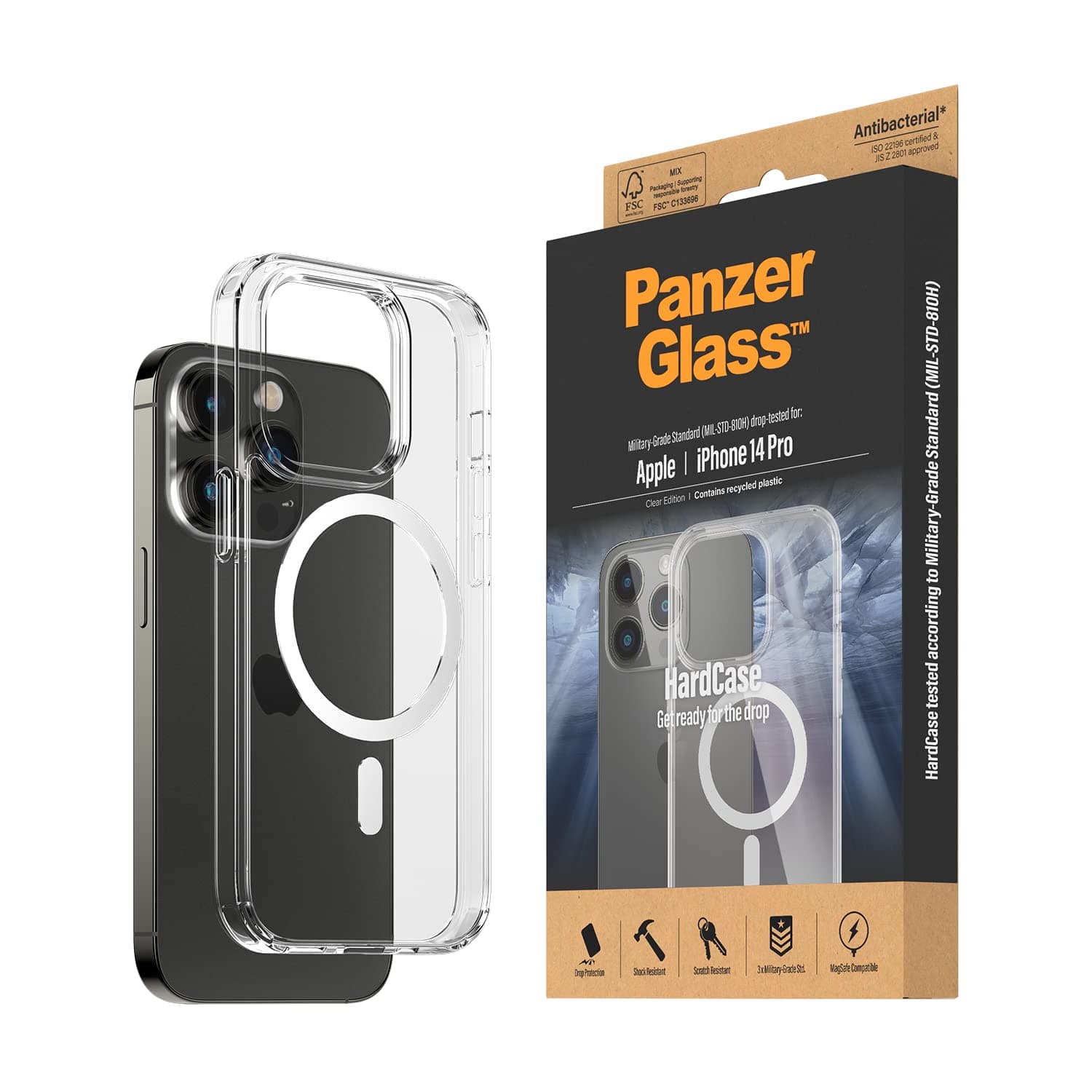 PanzerGlassHardCase for iPhone 14 Pro - MagSafe compatible iPhone 14 Pro case - shockproof tempered glass backcover with shock absorbing TPU frame - triple military standard, transparent