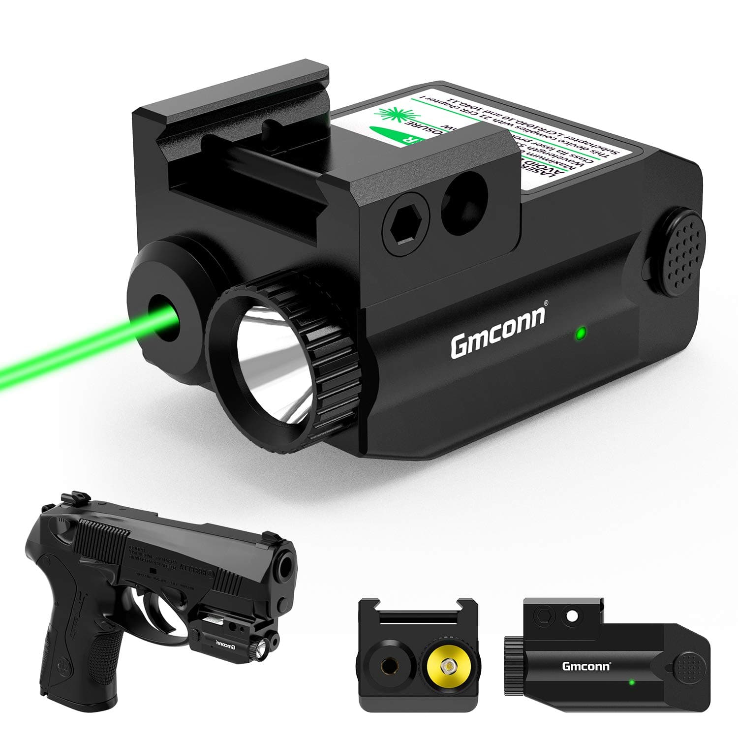 Gmconn Pistol Green Red Laser Light Combot, Gun Flashlight with Strobe Mode Green Red Laser for Handgun,Compact Rail Mount Tactical Flashlight, USB Rechargeable Weapon for Pistols (Green Laser)