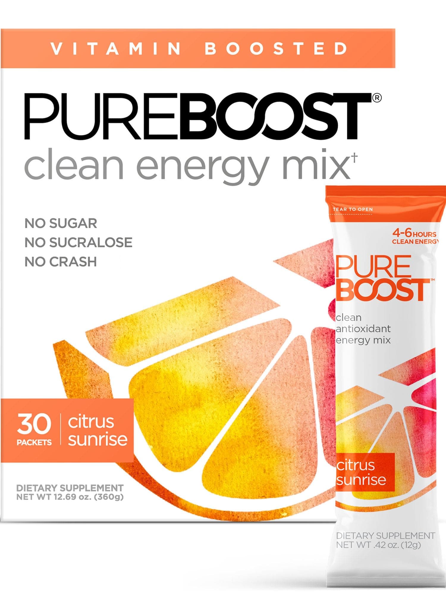 Pureboost Clean Energy Drink Mix + Immune System Support. Sugar-Free Energy with B12, Multivitamins, Antioxidants, Electrolytes (Citrus Sunrise, 30 Count)