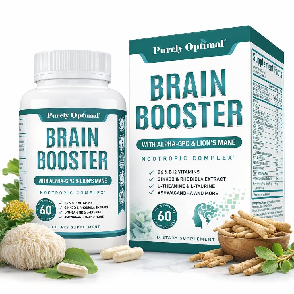 Brain Booster Nootropic Supplement – Brain Support for Memory, Focus, Clarity, Jitter-Free Energy for Adults, Seniors– with Ginkgo Biloba, Alpha GPC, Lion’s Mane – 60 Capsules
