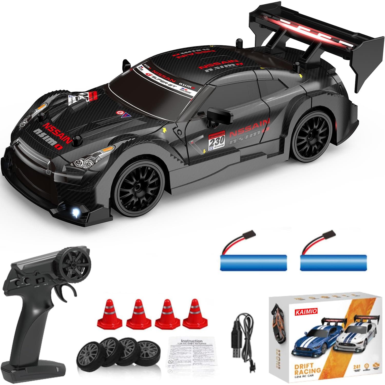 1:24 Scale RC Drift Car 4WD 2.4GHz 30KM/H High Speed Racing Sport Toy Car with LED Lights, Racing and Drift Wheels (8601-Black)