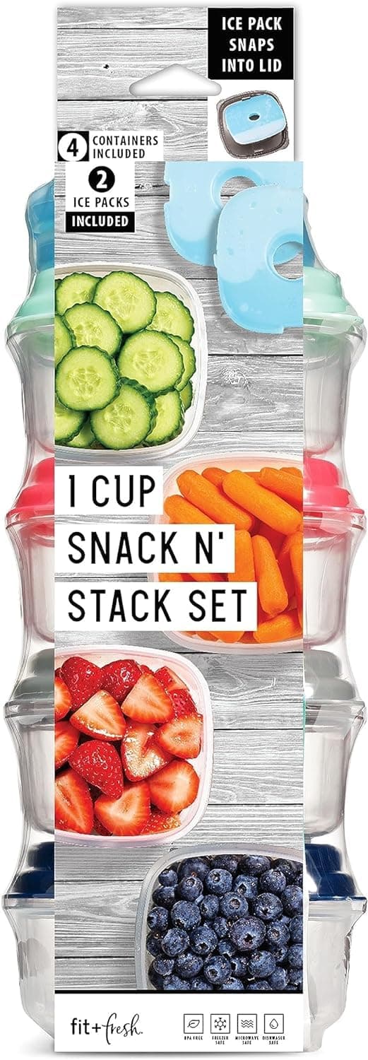 Small Plastic Containers With Lids 8 oz, Small Snack Containers With Lids, Reusable Leakproof Dressing and Condiment Containers With Two Attachable Ice Packs, 4PK, Light