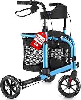 WALK MATE 3 Wheel Rollator Walker with Seat for Slim Seniors, Padded Backrest Lightweight Foldable Travel Walker Ideal for Elderly, 8 Inch Tri-Wheel Modern Mobility Walking Aid Aluminum, Blue