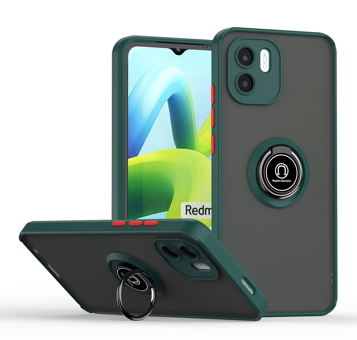 Muzz Case for Xiaomi Redmi A1, Redmi A2 Case Cover Metal Ring Holder Grip Kickstand Car Magnetic Mount Shockproof Matte Hard Back Bumper Case for Redmi A1/Redmi A2 (Dark Green)