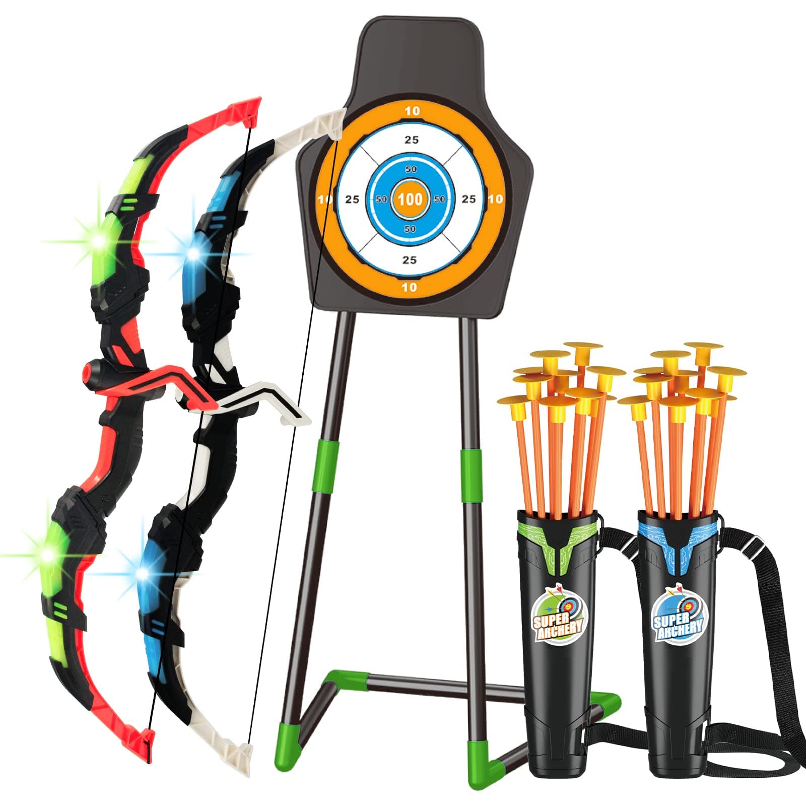 2 Pack Kids Bow and Arrow Set, Light Up Archery Toy Set with LED Flash Lights,20 Suction Cup Arrows and Standing Target & 2 Quivers, Indoor Outdoor Toys Ideal Gift for Children Boys Girls Ages 4-12
