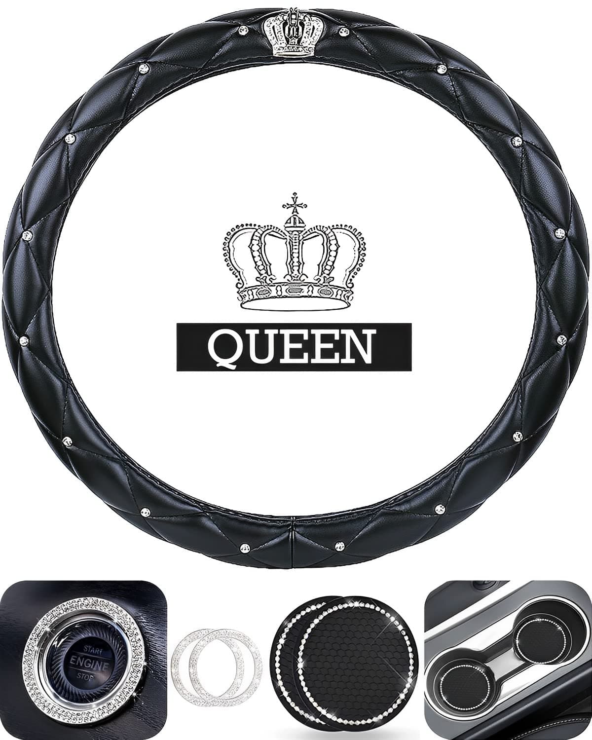 Queen ONLY Car Interior Kit 5 Pcs, Noble Crown Soft Leather Steering Wheel Cover + Bling Diamond Coasters + Sparkling Crystal Car Key Covers Decals Stylish Series Accessories (Black)