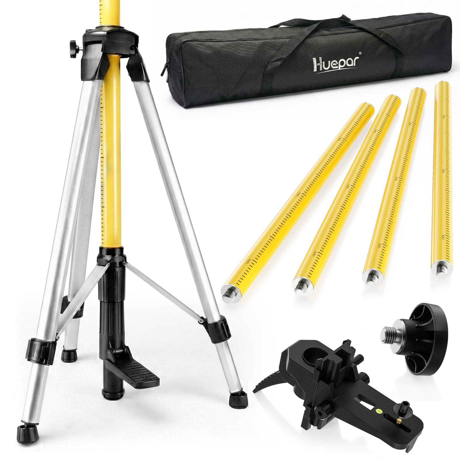 Huepar 12 Ft./3.7M Professional Laser Level Pole with Tripod and 1/4-Inch by 20-Inch Laser Mount for Rotary and Line Lasers, Adjustable Telescoping Laser Pole with 5/8"-11 Threaded Adapter-LP36A