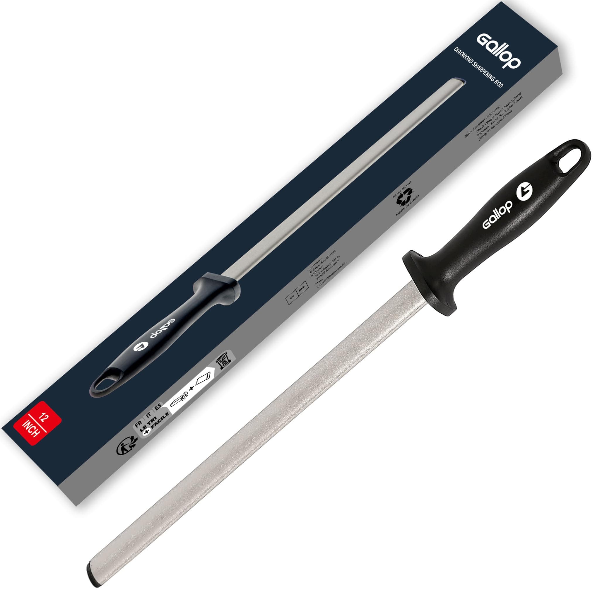 Diamond Sharpening Steel 12" (31cm) - Diamond Knife Sharpener, Honer for Kitchen Knife Sharpening, Honing Rod, Pro Edge Knife Steel, Professional Kitchen Knife Sharpener