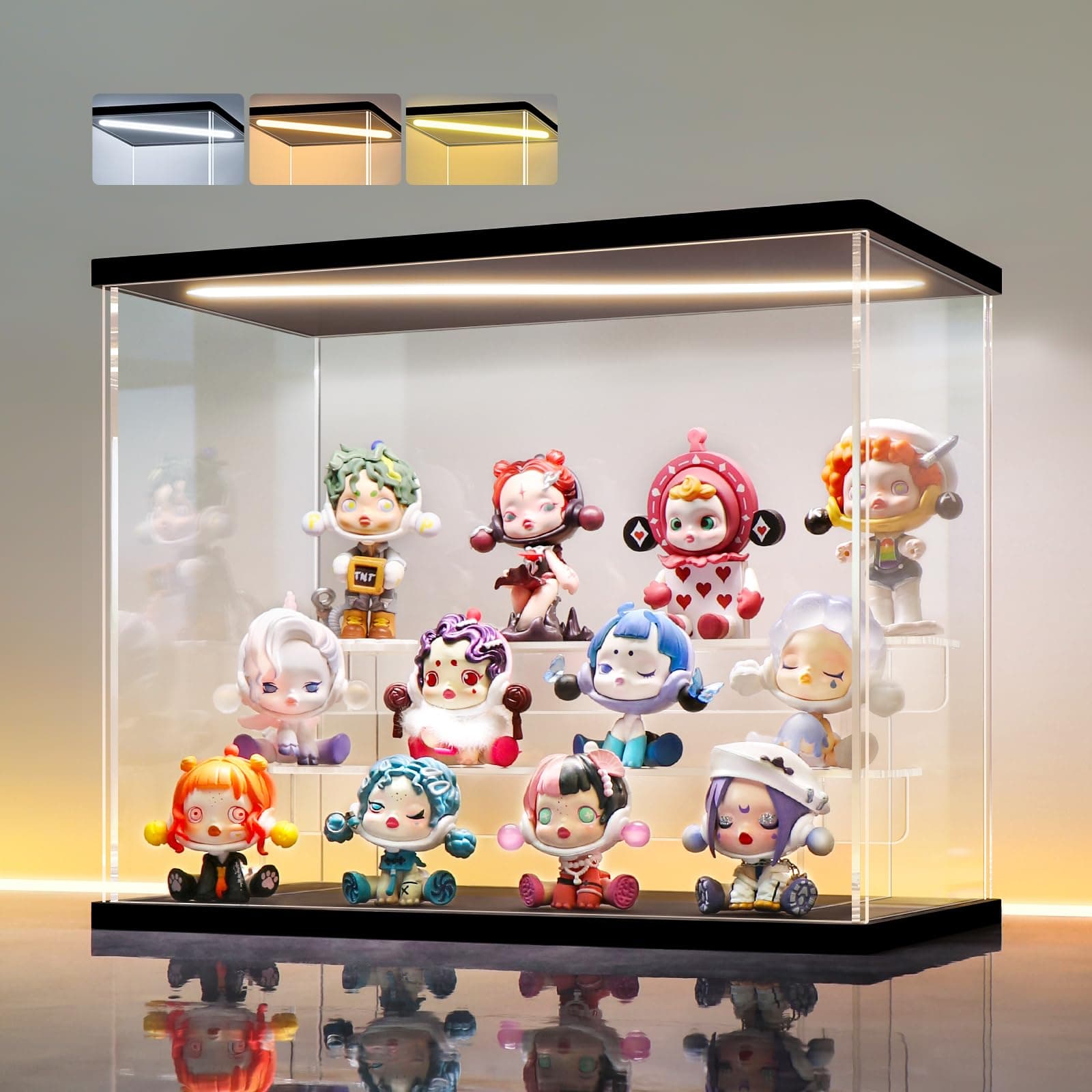 LANSCOERY Clear Acrylic Display Case with Light, Assemble 3 Tier Display Box Stand with Black Base, Dustproof Protection Showcase for Collectibles Memorabilia Figurines (11.8x6.3x9.4inch; 30x16x24cm)