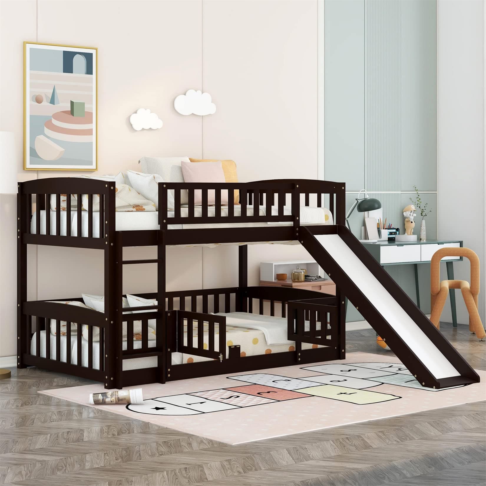 Twin Over Twin Low Bunk Bed with Slide and Fence Railings Wood Floor Bunk Beds with Ladder for Kids Boys Girls Teens, Espresso