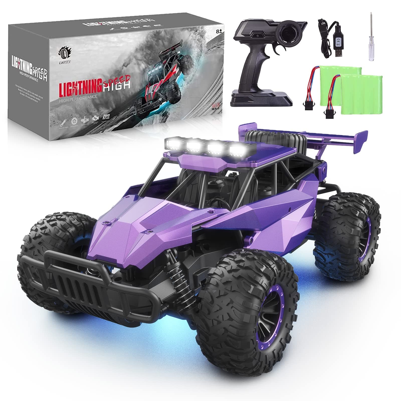 - 1:16 Scale Purple Remote Control Car, 20 Km/h High Speed Girls Remote Control Car Monster Vehicle with LED Headlights and Chassis Lights, RC Truck for Girls Boys and Adults