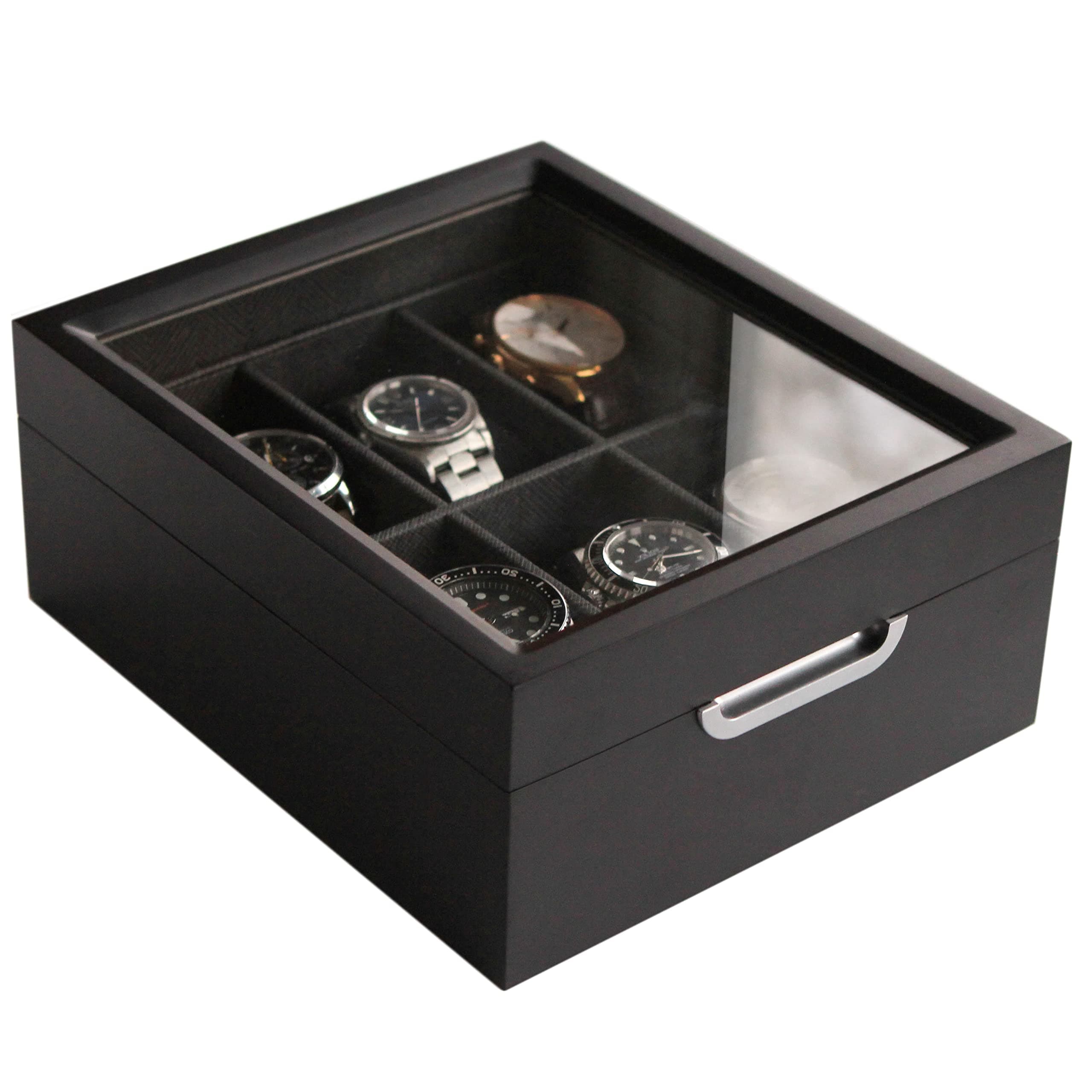 Watch Box Modern 2x3 Black Finish with Custom Aluminum Handle 6-Slot with Real Glass