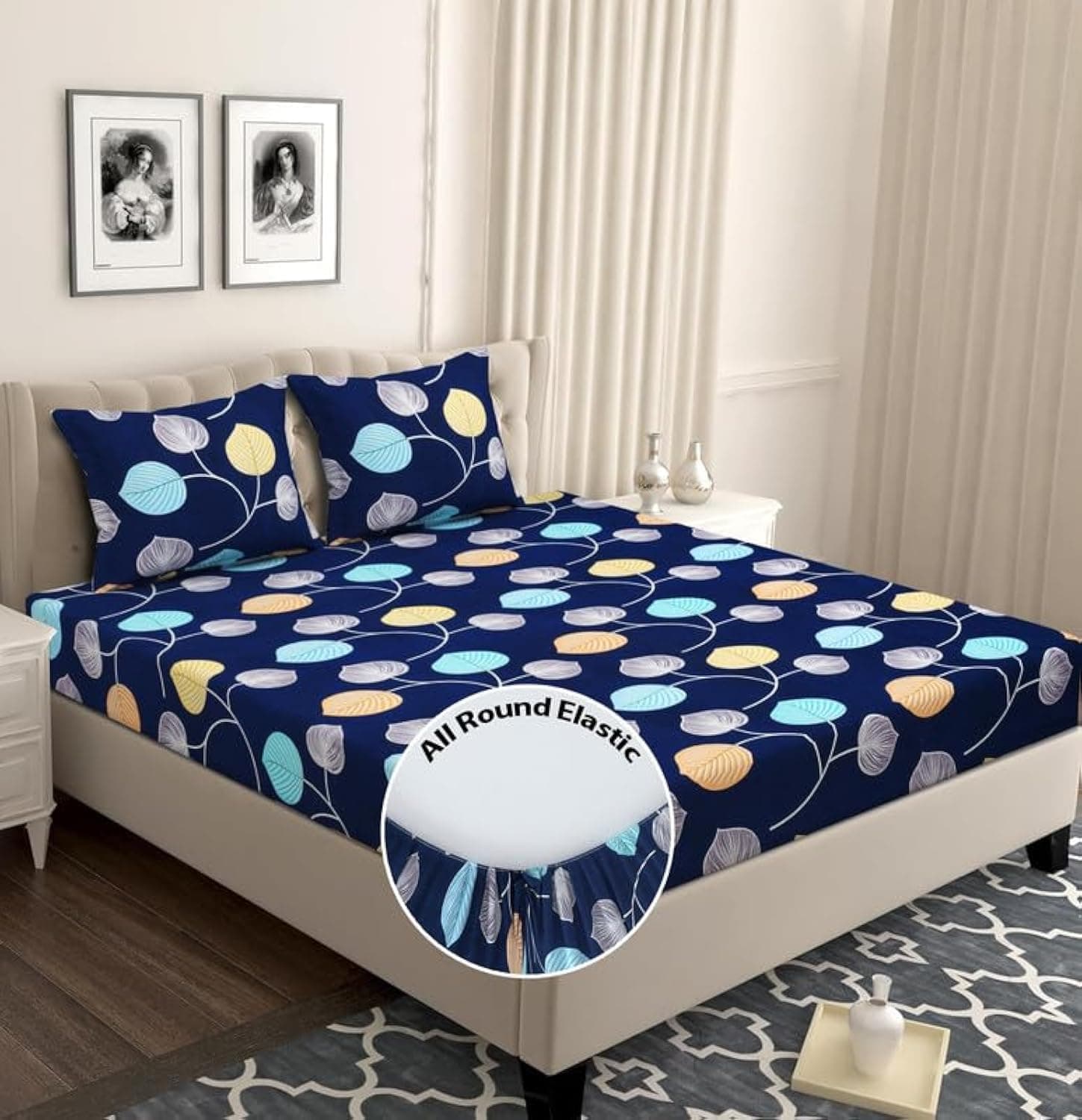 BSB HOME Premium Glace Cotton Elastic Fitted Bedsheets with 2 King Size Pillow Covers | Double Bed with All Around Elastic 180 TC Supersoft | Size - 72 King Sizex78+10 inches| Leaf Printed Blue Teal