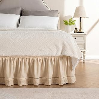 MIYE Wrap Around Ruffled Lace Bed Skirt, Elastic Dust Ruffle with Adjustable Belts, Easy to Put On, Bed Frame Cover, Machine Washable (Embroidered/Beige, Full/Twin-15 Drop)