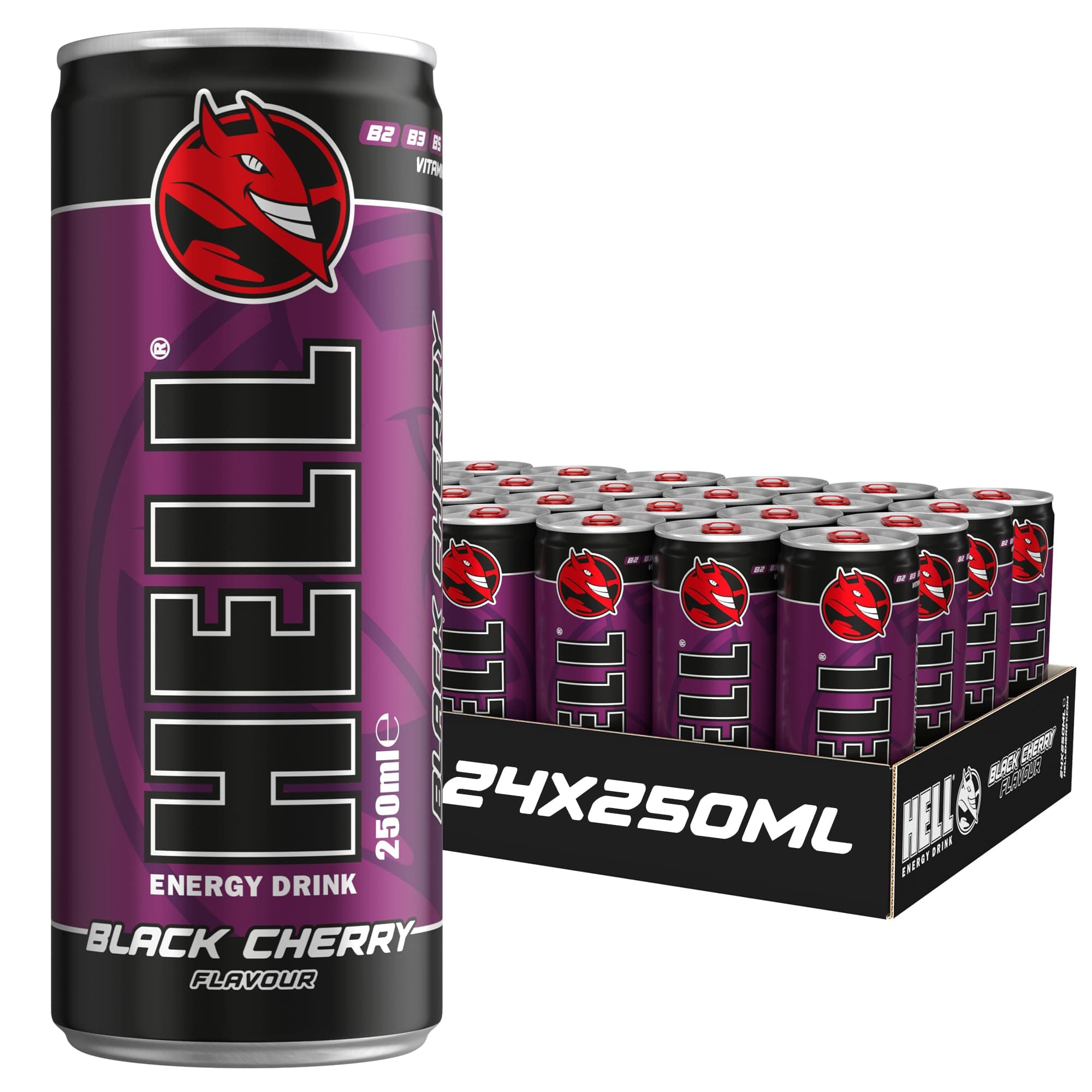 HELL Energy Drink Black Cherry Flavour | 24 x 250ml Cans Multipack | 32mg/100ml Caffeine | Contains Vitamins B2 B3 B5 B6 B12 | Preservative Free | Vegan | Reduce Fatigue & Boost Energy