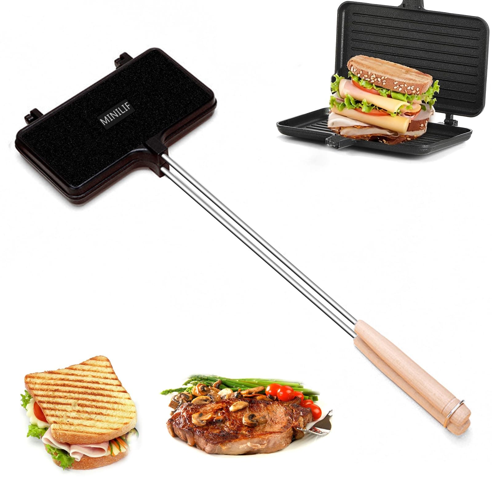 Double-Sided Sandwich Baking Pan,Campfire Sandwich Maker,Hot Sandwich Maker for Breakfast,Stovetop Toasted Sandwich Maker Aluminum,Portable Campfire Cooking Equipment Camp Cooke