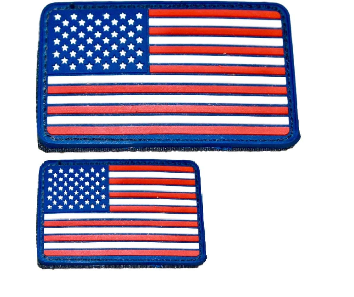 American Flag Morale Patch Two Pack - PVC Rubber Patches Show United States Pride Hook Loop RED White Blue OR Thin Blue LINE 2 X 3 INCH Plus Small 1.5 X 2.5 INCH Sizes (RWB)