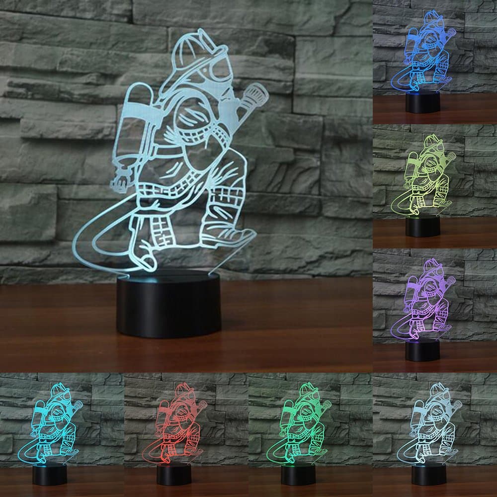 RUMOCOVO® 3D Fireman Table Lamp LED USB Touch Button 7 Color Changing Fire Fighter Night Light Home Party Bedside Decor Light Christmas Gifts