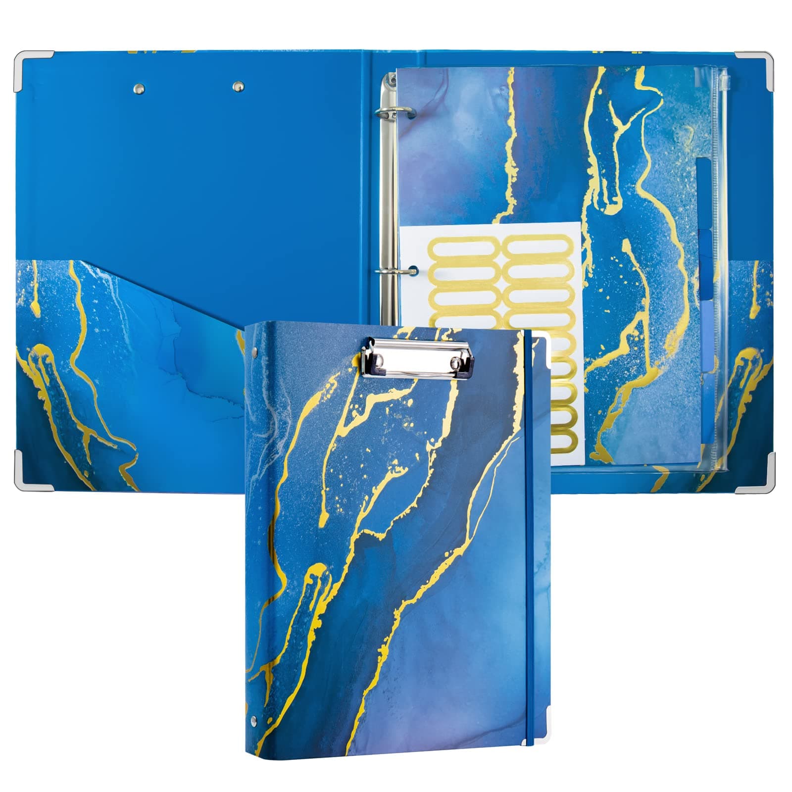 3 Ring 1 Inch Binder, Cute Clipboard Folio with 5 Tab Dividers, Hold up to 300 Sheets Letter Size Paper, Blue Marble