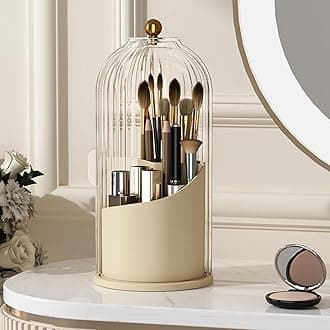 Makeup Brush Holder with Lid 360 Rotating Clear Dustproof Make Up Organizers for Vanity Bathroom Countertop, White Beige