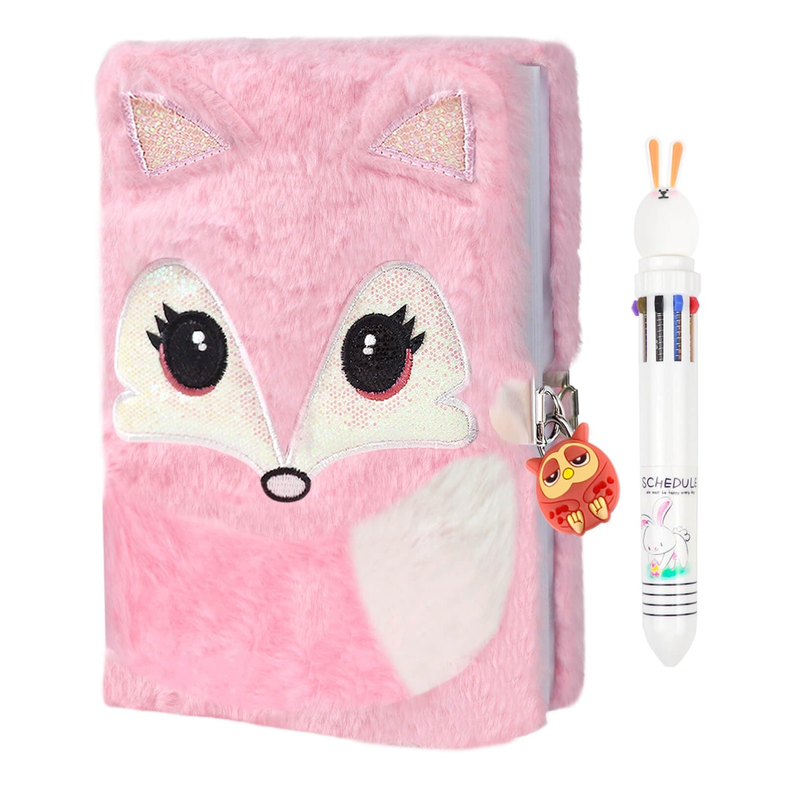 Plush Fox Diary, Pink Girls Diary with Lock, Kid Diary, Kids Journal Notebook Set with Lock and Pen, 80 Lined Sheet, School, Birthday Gift A5