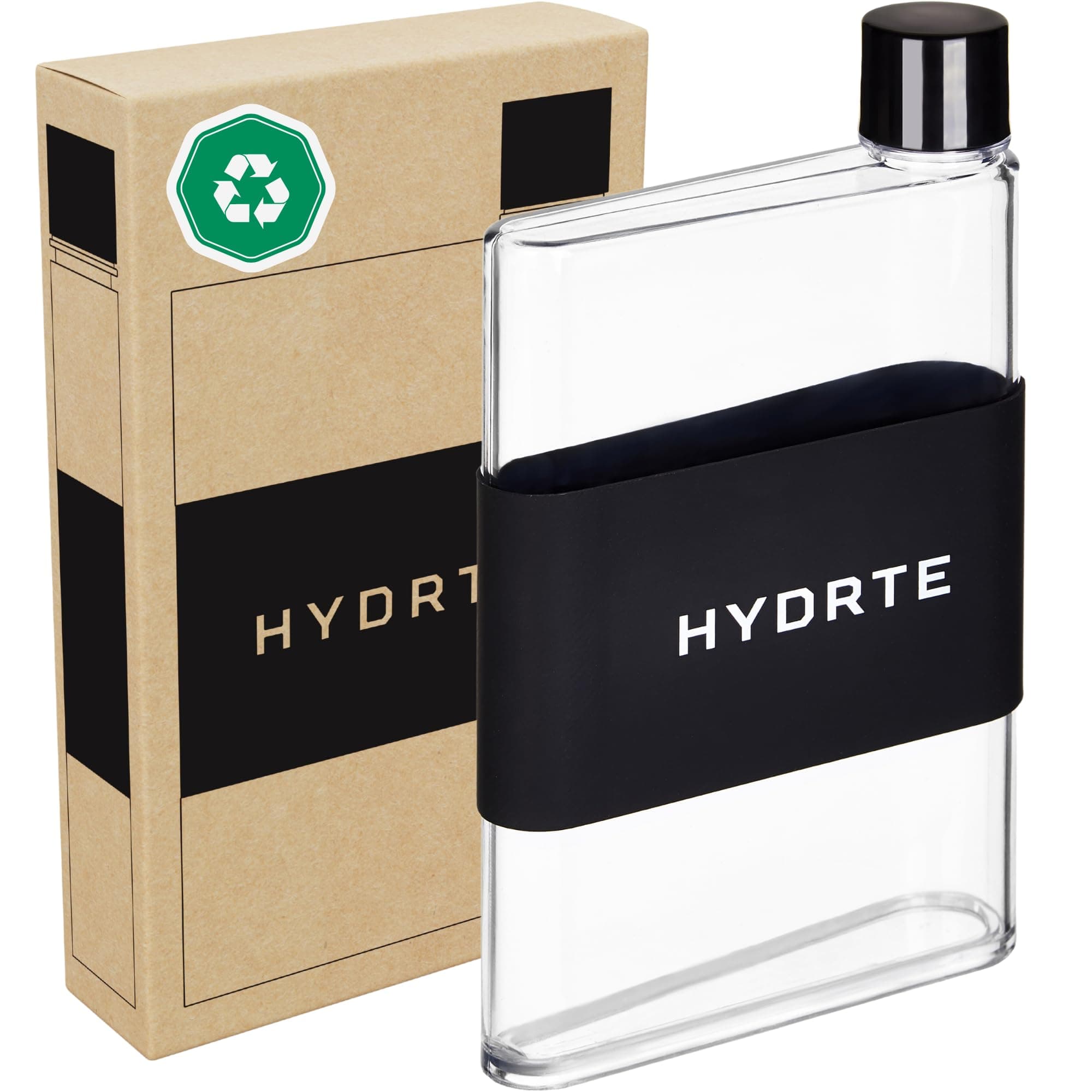 HydrteThe Flat Water Bottle | Leakproof Flat | BPA Free Plastic | The Ultimate Handbag Thin | Fits Into Any Bag (480ml, Nero Black)