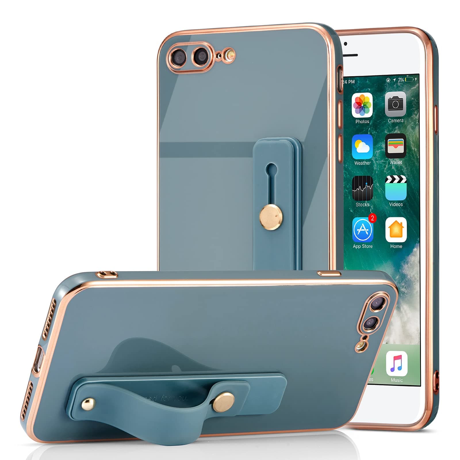 EYZUTAK Case for iPhone 7 Plus iPhone 8 Plus, Electroplated Solid Color Case Slim Flexible Soft TPU Hand Wrist Strap Wristband Lanyard Shockproof Protective Cover with Camera Protection - Gray#1