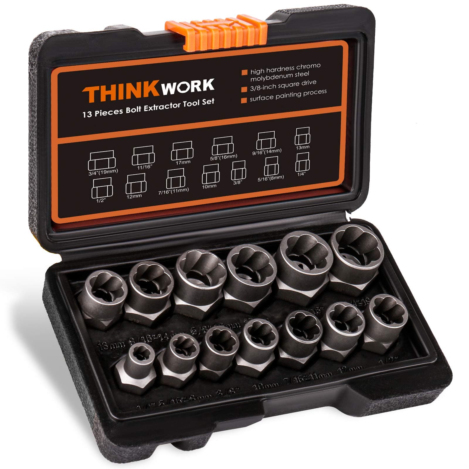 THINKWORK Bolt Extractor Kit, 13+1 Pieces Nut Extractor Socket Set, 3/8" Drive Rounded Bolt Remover, Lug Nut Removal Tool for Damaged, Rusted, Rounded-Off, Stripped Fasteners