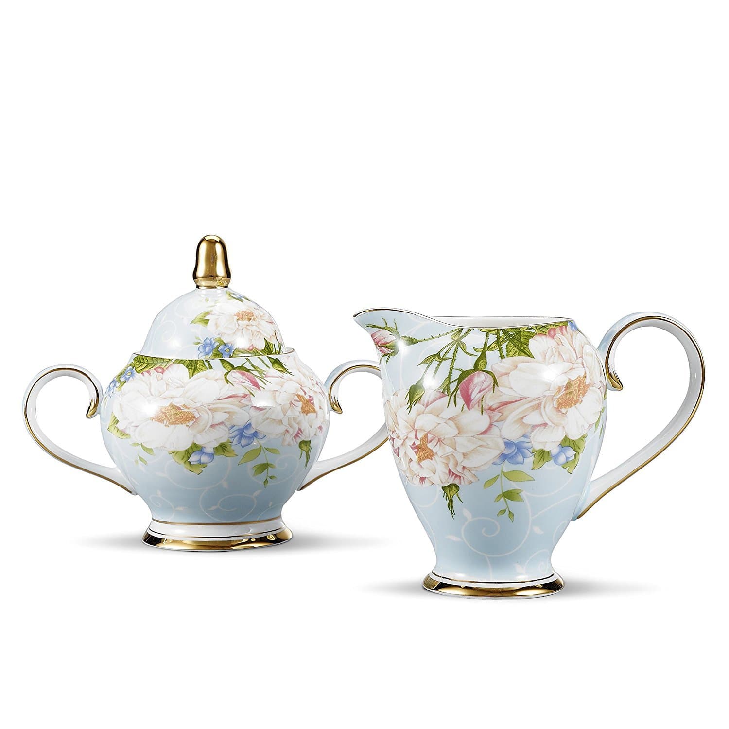 NDHT Bone China Ceramic Sugar and Creamer Serving Set with Milk Jug and Sugar Pot For Coffee and Tea,Flower Blue