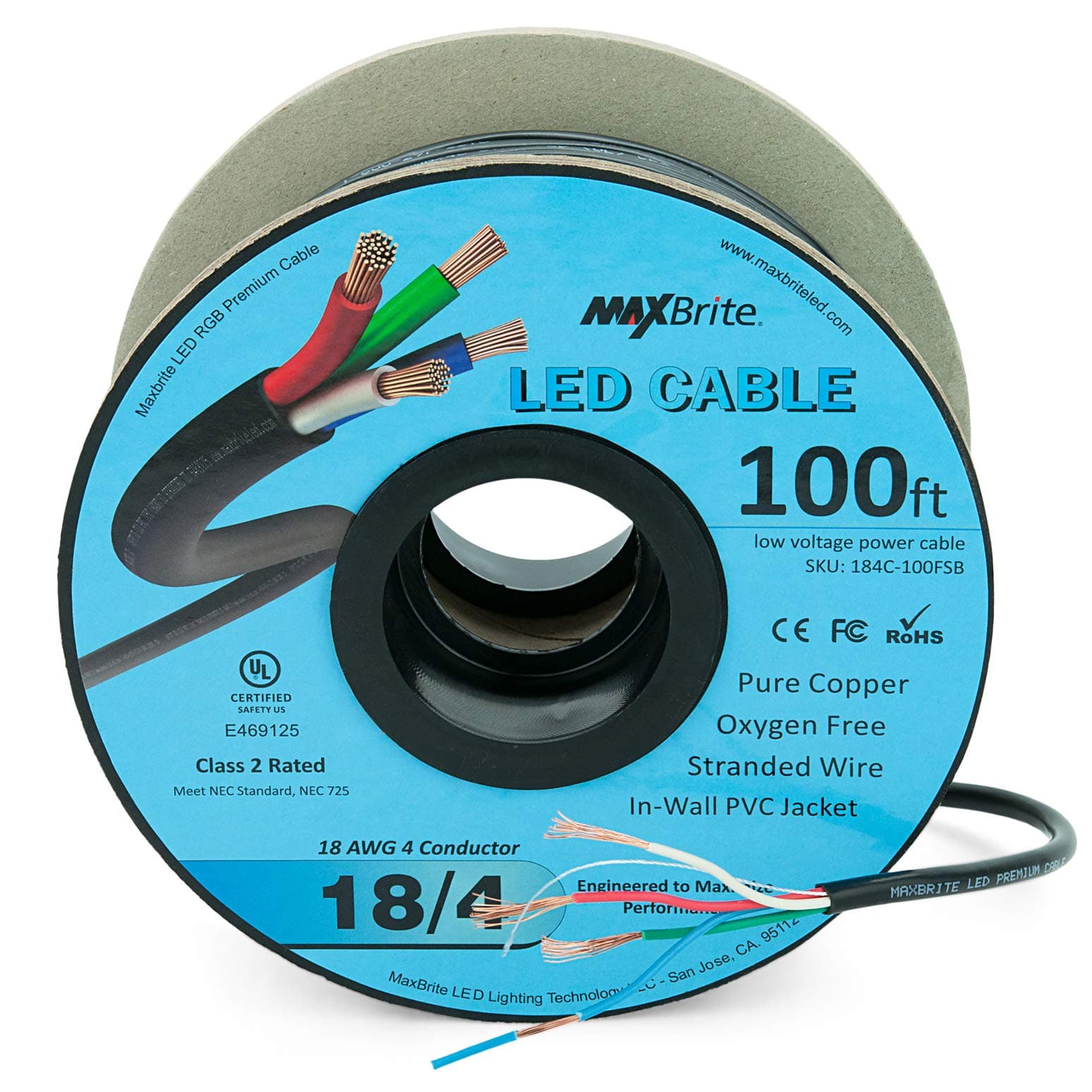 100 ft. 18AWG Low Voltage LED Cable 4 Conductor Black Sleeve in-Wall RGB Wire UL Listed Class 2