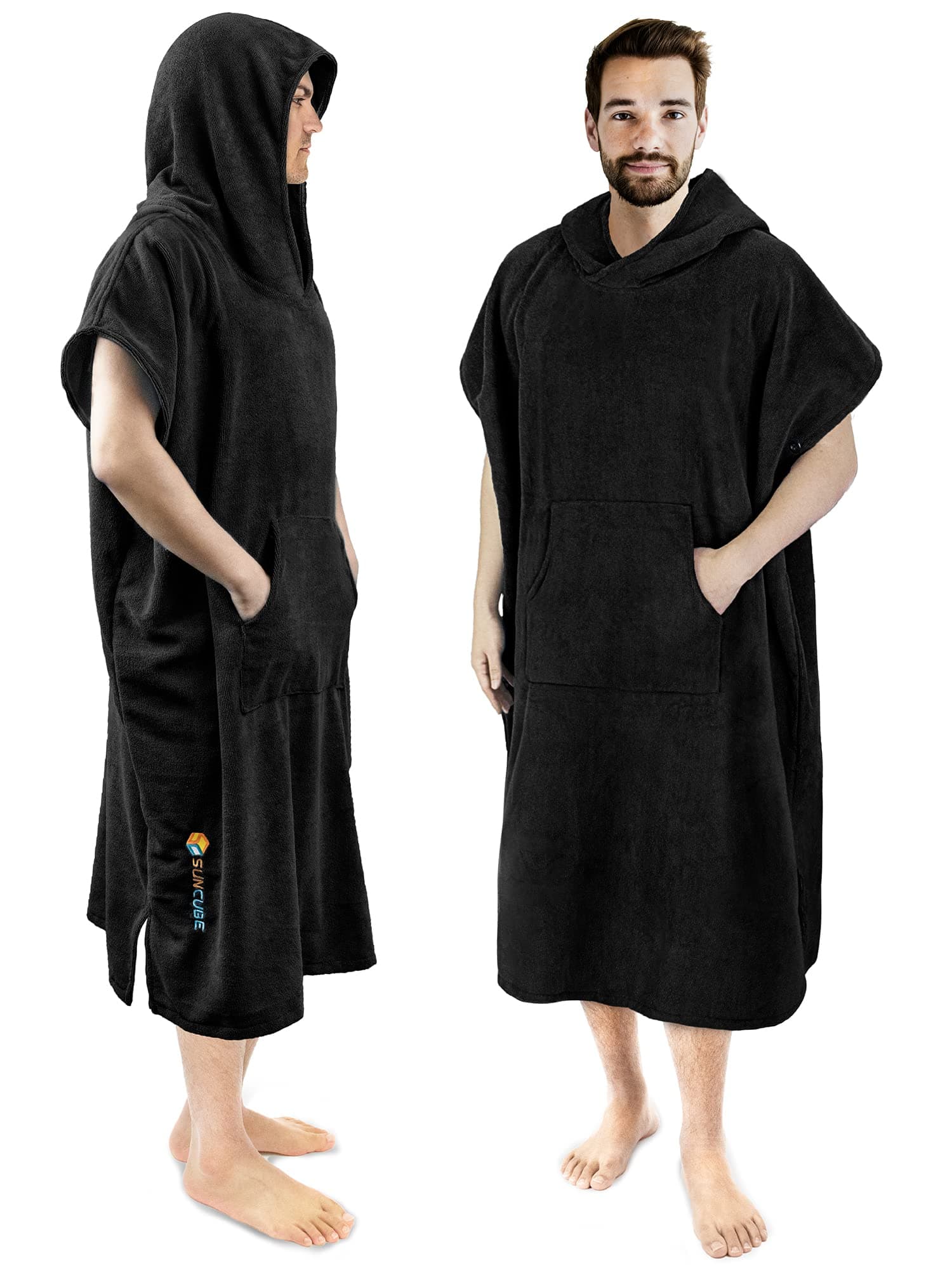 SUN CUBE Surf Poncho Changing Robe with Hood, Thick Quick Dry Microfiber Wetsuit Changing Towel for Surfing Beach Swim Outdoor Sports Men, Absorbent Wearable Towel Cover Up with Pocket, Black, Black,