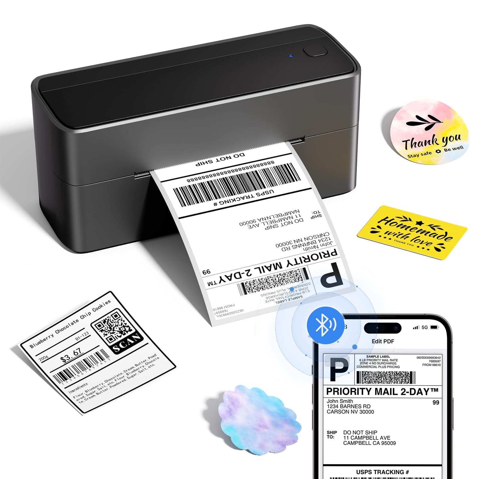 Memoqueen Shipping Label Printer 4x6, Bluetooth Thermal Printer for Small Business and Shipping Packages, Gray Thermal Label Printer, Compatible with iOS, Android and PC, Mac, Amazon, Shopify, Ebay